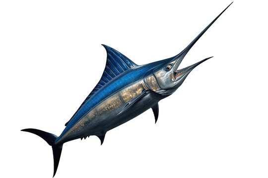 Blue marlin jumping out of water with open mouth, displaying impressive speed and power, transparent background
