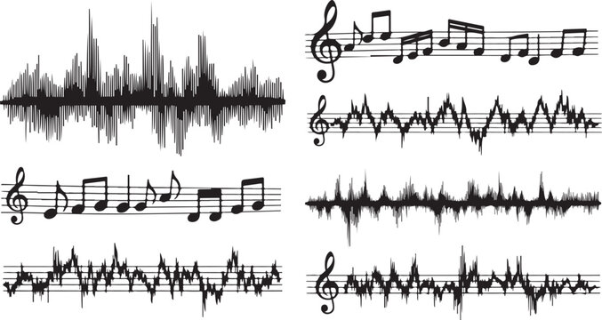 Music notes and sound wave patterns on white background