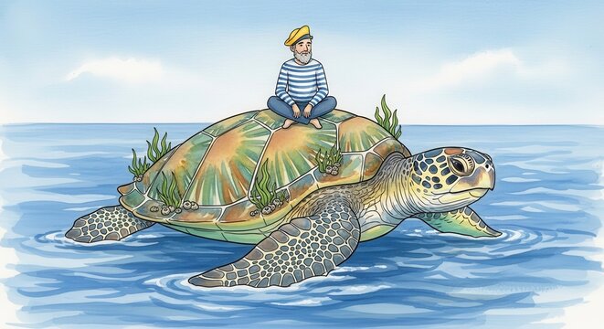 Bearded sailor sitting peacefully on the shell of a giant sea turtle swimming in the ocean.