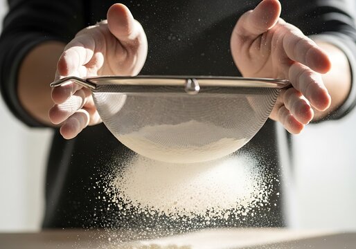Baker sifting flour with a metal sifter