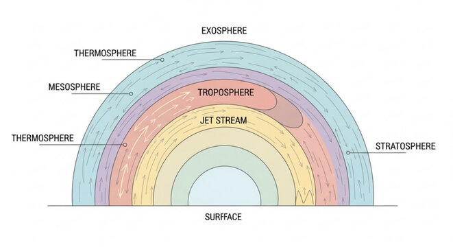 Atmospheric layers scientific diagram showing troposphere stratosphere mesosphere thermosphere and exosphere with jet stream flow lines in vector style