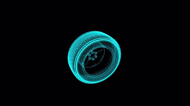 Futuristic Wireframe Wheel Animation with Holographic 3D Design, Automotive Engineering Visualization Loop