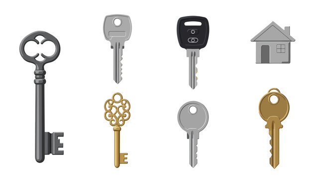 Diverse Key Collection Vector: Antique, Modern House, and Car Keys with Home Icon for Security, Access, and Property Concepts
