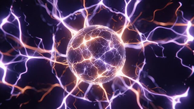 Glowing AI neural network core with energetic electrical plasma discharges on dark background