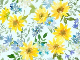 Watercolor summer floral seamless pattern with abstract hand painted sunflowers and blue wild flowers for fabric, home decor and surface design. © Sawango