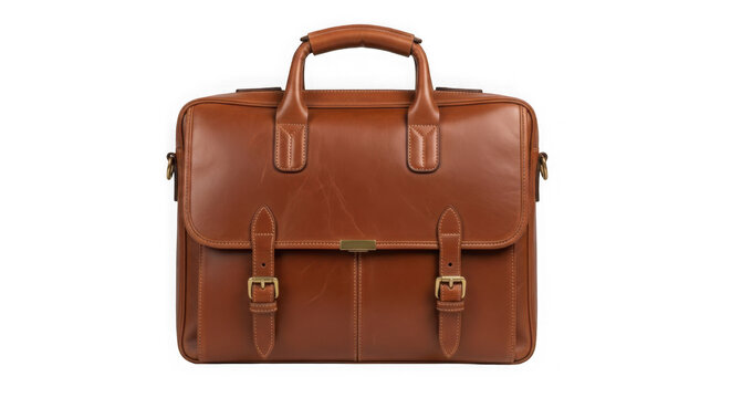 A brown leather briefcase with a handle and buckles