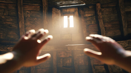 Reaching for Light: A pair of outstretched hands reach towards a window, bathed in the soft glow of sunlight, in a rustic, aged interior. Evoking a sense of hope, aspiration.