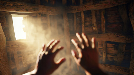 Reaching for the Light: An ethereal scene captures hands reaching towards a radiant beam of light, filtering through a rustic window and a dusty interior.