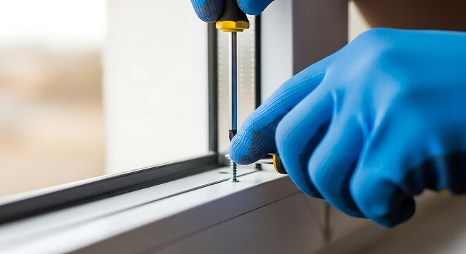 Window Frame Installation Close-Up With Blue Gloves and Screwdriver