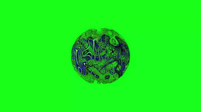 A detailed spherical fractal pattern in vibrant purple and green hues, with fine lines and organic shapes, set against a bright green background