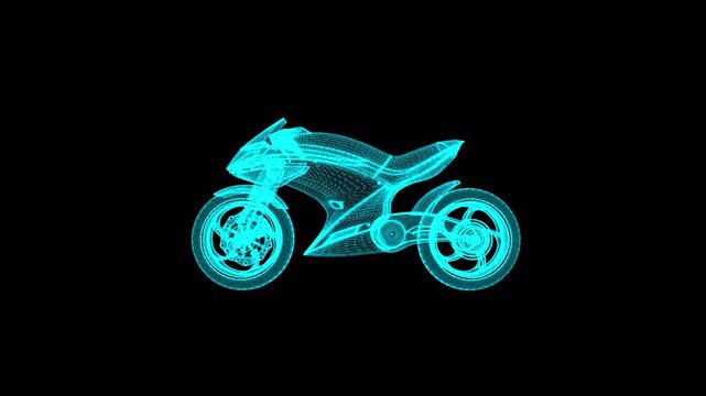 Futuristic Wireframe Motorcycle Animation with Holographic 3D Design, Automotive Engineering Visualization Loop