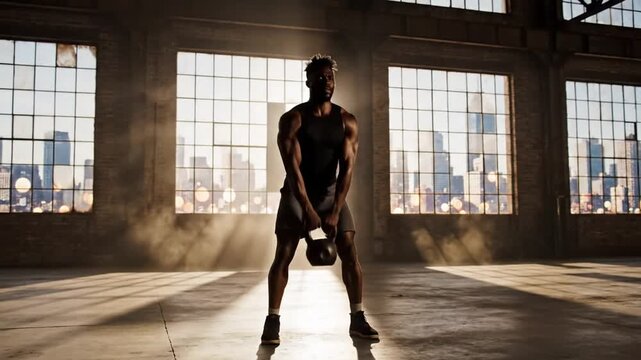 Man in Gym Doing Kettlebell Workout in Front of Windows.