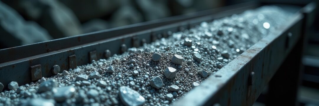 Conveyor belt carries platinum ore Rough rock texture visible , South Africa, processing, mining industry