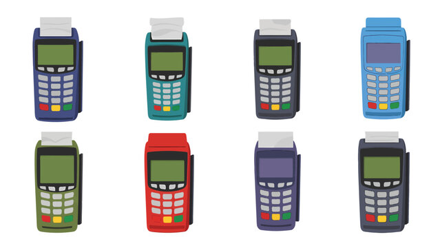 Collection of various colored POS terminals and credit card payment machines, vector illustration on white