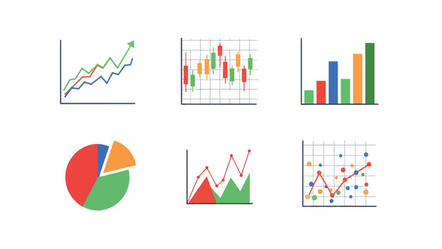 Collection of Data Visualization Charts: Line, Bar, Pie, Candlestick, Area, and Scatter Graphs for Business and Finance
