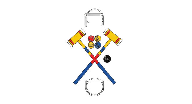 Professional croquet equipment set including mallets and colored balls and wickets in flat vector illustration style for sports and recreation