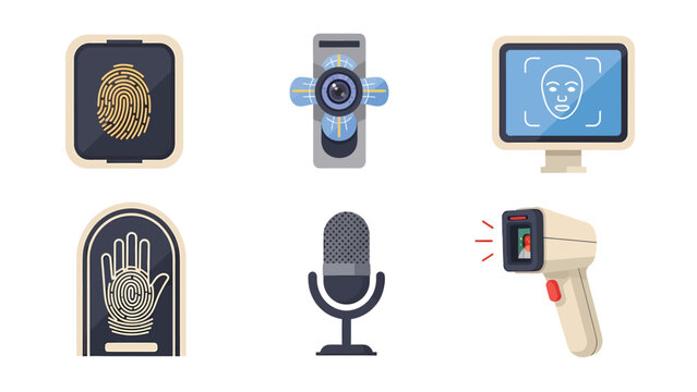 Biometric Security & Recognition Icons. Identity Verification Tech: Fingerprint, Face, Iris, Palm, Voice, Temperature Scan.