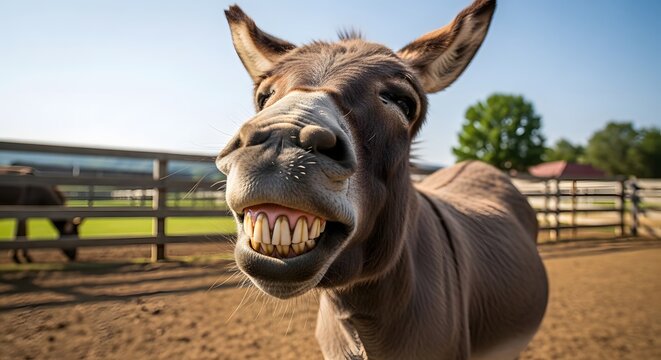 Close up portrait of a donkey showing teeth in a funny expression at a farm