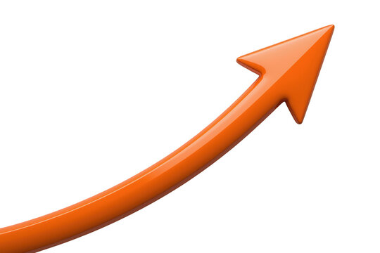Orange 3d arrow pointing up, showing growth, progress, success, business development, and market trend on transparent background