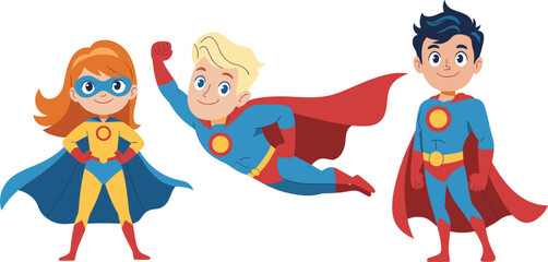 Bright colorful cartoon superhero kids characters flying and standing with capes illustration © Mominul