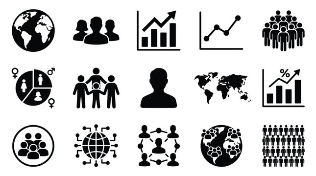 Collection of diverse icons representing demographics, population statistics, global connections, and data analysis.