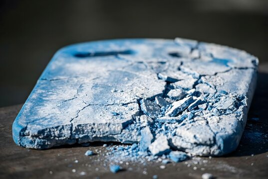 Close-up of a plastic swimming kickboard crumbling from severe UV degradation