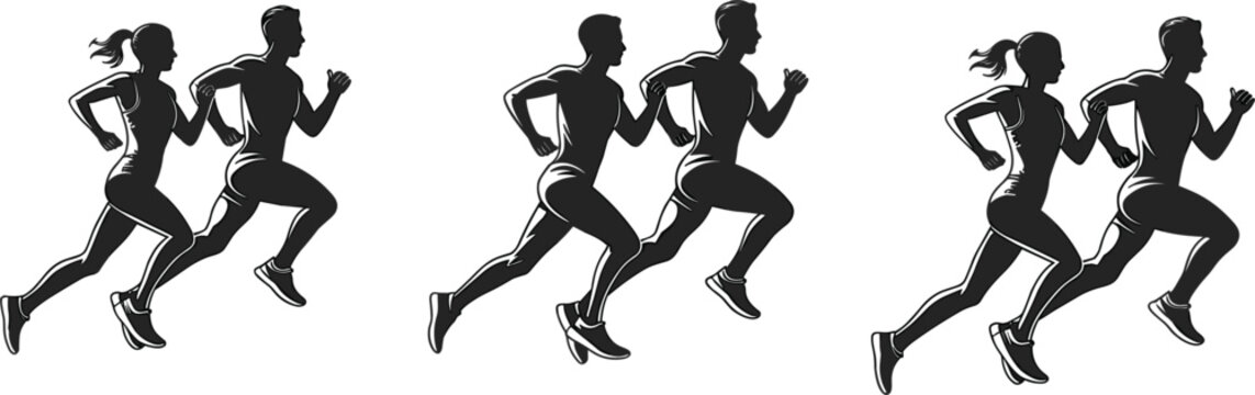 Jogging and sprinting people silhouettes showing active lifestyle exercise and outdoor running vector graphic collection