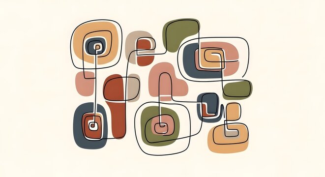 Modern artistic pattern of geometric squares and circles connected by continuous lines