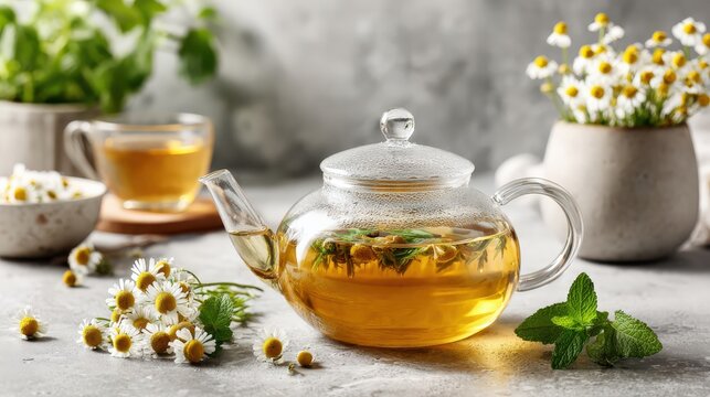 Glass teapot with herbal tea surrounded by fresh flowers and herbs in natural light