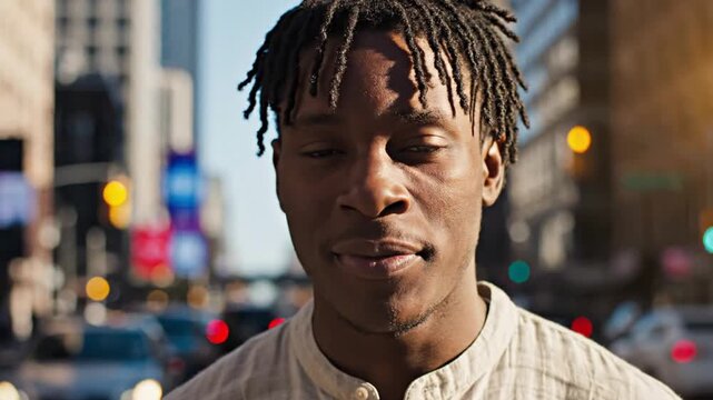 Smiling young man in the city with dreadlocks and a happy expression.