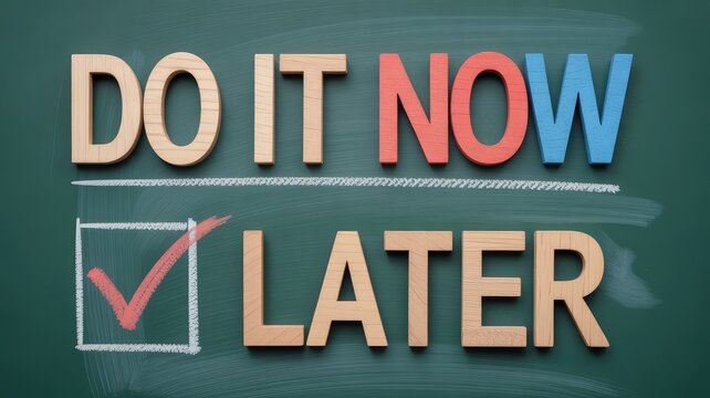"Do it now" phrase with a checked box on a green chalkboard promoting immediate action and urgency, highlighting productivity and decision making.