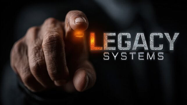 Hand touching legacy systems logo concept with digital circuit textures and glowing effect