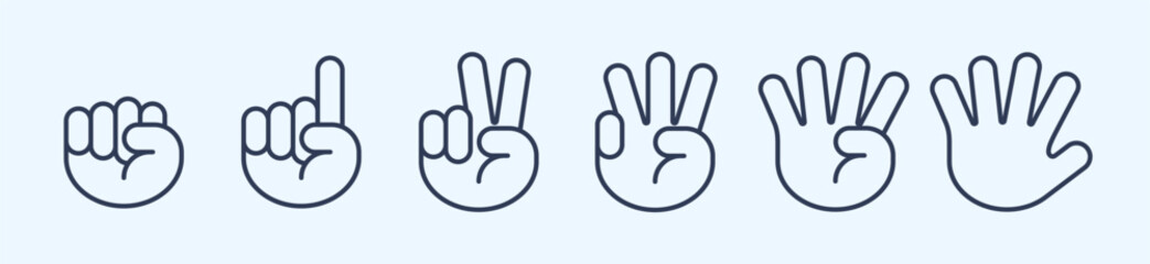Fototapeta premium Minimalist Line Art Hand Counting Finger Gestures. Vector Set of Outline Hand Signs Showing Numbers Zero to Five in Modern Blue Line Style.