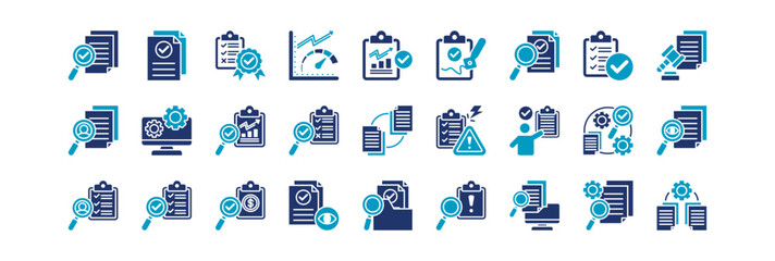 Obraz premium audit document icon set collection in glyph duotone style. icon set consist of audit report, document review, quality, performance, analytics, compliance checklist icon. editable vector illustration.