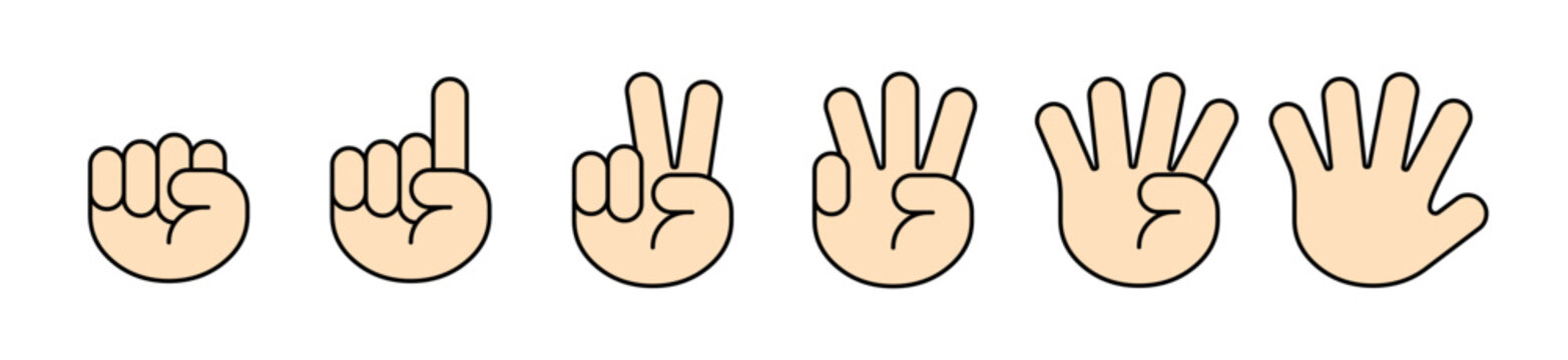 Hand Finger Counting Collection. Vector Illustration of Hand Gestures Representing Numbers One Two Three Four Five and Zero for Infographics and UI.
