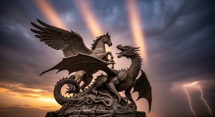 Fototapeta premium A dramatic stone sculpture of a winged horse pegasus fighting a dragon under a stormy sky with lightning