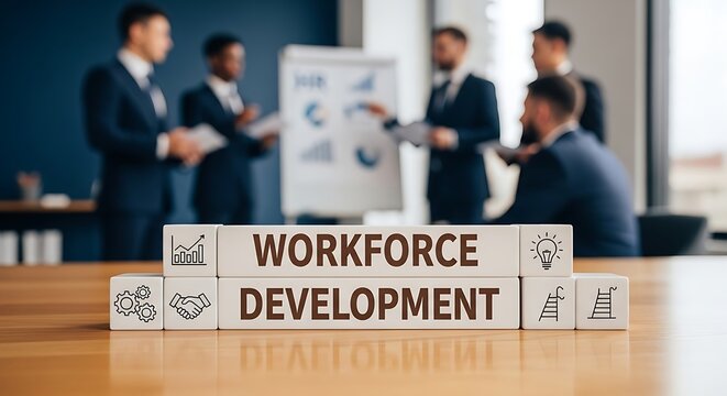 Workforce development wooden blocks on a desk with blurred professional business team people meeting in an office background for corporate training