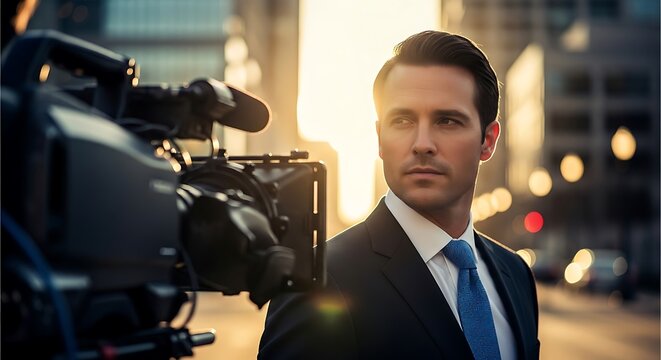 Male news reporter standing in front of a professional camera on a city street during golden hour sunset for television broadcast media news