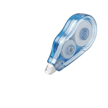 A blue translucent correction tape dispenser with visible gears, isolated on a white background.