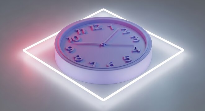 Purple analog wall clock sits inside a glowing white neon diamond frame with pink and blue lighting reflecting on a dark grey surface for time
