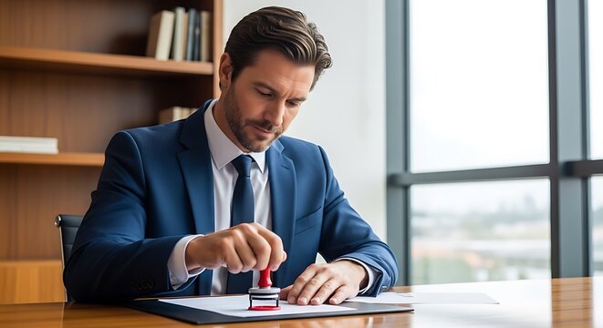 Professional businessman in blue suit stamping official document with red rubber stamp at wooden desk in modern office with bookshelf and window