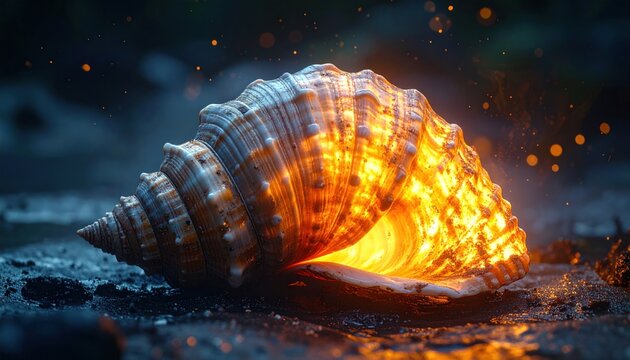 Glowing conch shell on dark surface, illuminated interior, sparks and bokeh present