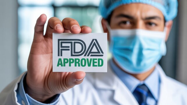 Medical professional holding a small card showing fda approved text to demonstrate regulatory compliance for new healthcare products and medications