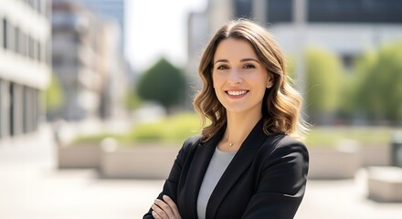 Fototapeta premium Smiling businesswoman wearing a black blazer posing with crossed arms in a bright sunlit city plaza for a professional corporate headshot portrait