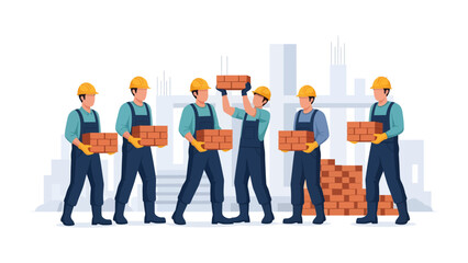 Obraz premium Building the Future: A team of construction workers diligently collaborating on a building project, brick by brick, against a backdrop of architectural silhouettes. Reflecting teamwork, industry.