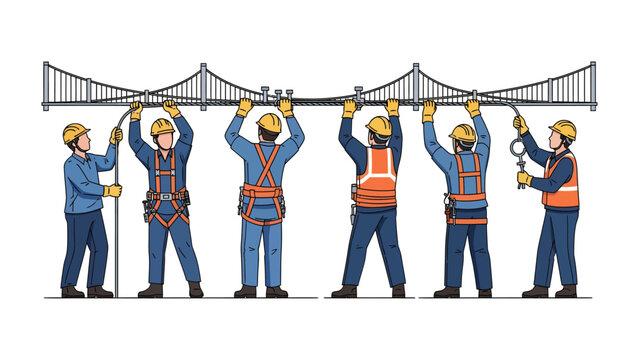 Building the Bridge: Skilled workers collaborate, lifting the blueprint of a majestic bridge, a symbol of construction. Capturing the essence of teamwork and engineering.