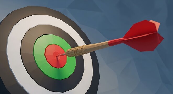Red dart arrow hitting the center bullseye of a colorful target board for business goal achievement success and marketing strategy accuracy performance