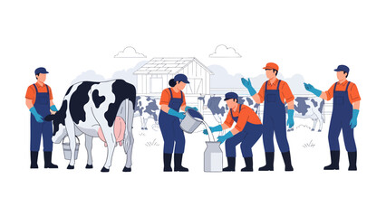 Obraz premium Dairy Farm Harmony: Dedicated dairy farmers working together, tending to their cows in a tranquil farm setting. Captured in a bright illustration style.