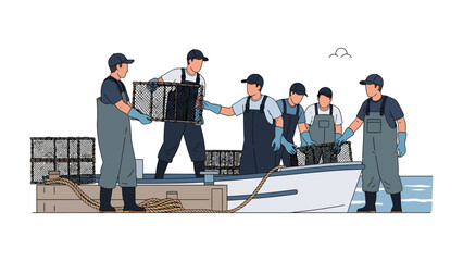 Fototapeta premium Harvesters at Sea: A team of skilled workers collaborates on a boat, diligently transporting cages with their aquatic bounty. A scene of coordinated efforts set against the open water.