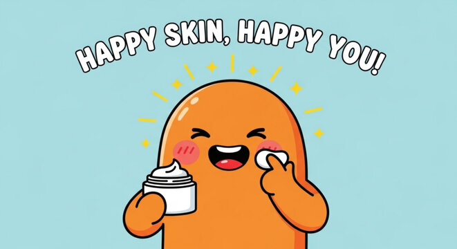 Cute orange character applying facial cream with text happy skin happy you on light blue background